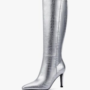 Silver Croc-Embossed Knee-High Boots